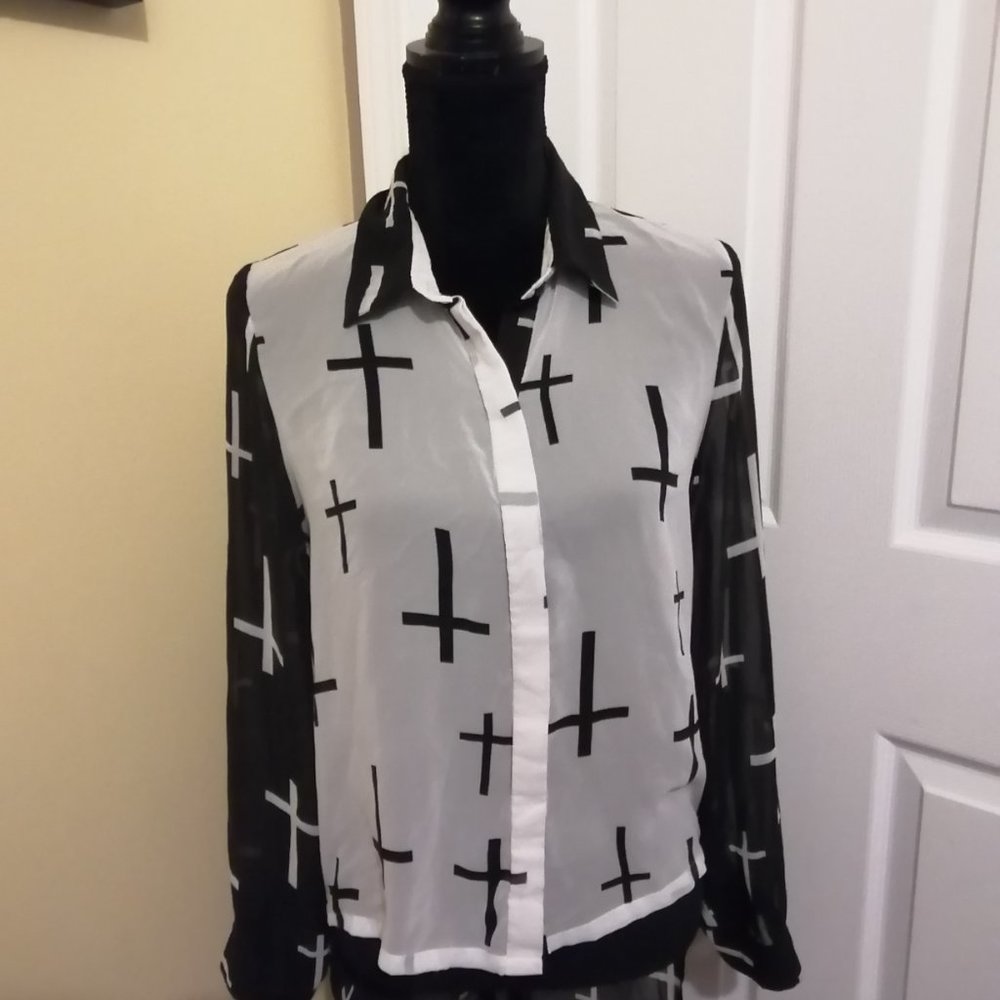 Goth Sheer Long Sheer Shirt Crosses